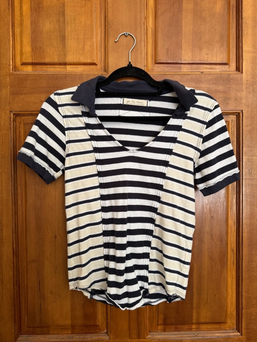 We The Free Navy & Cream Striped Short Sleeve Polo Tee 100% Cotton